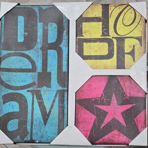 Fun wall hanging in 3 pieces. Bright colors: Dream, Hope, Star Brand New, canvas